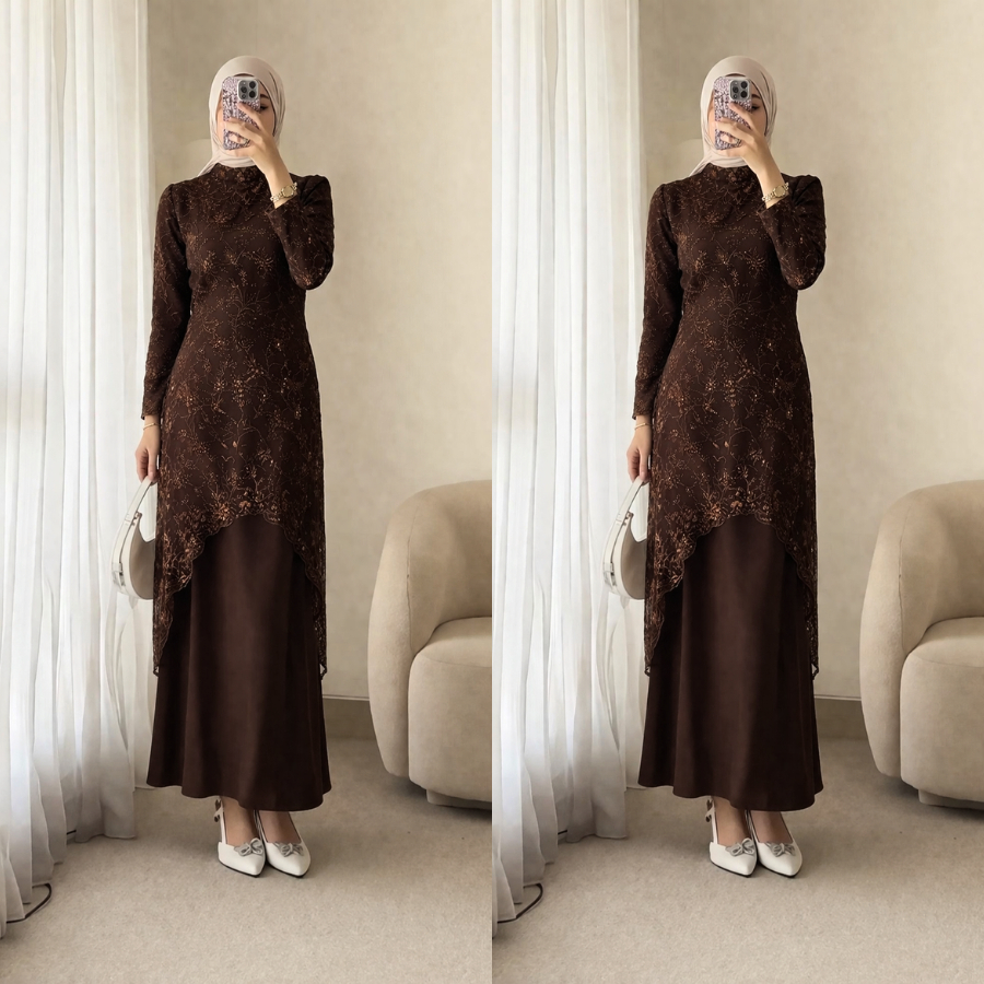 Dress Mahogany Binar Gamis Raya Brokat Satin Premium Pressbody Muslim Bridesmaid Lamaran Kondangan