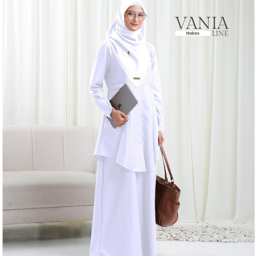 Vania Line Nakes, Seragam Putih, Seragam Nakes, Dokter Bidan Perawat Baju Kerja Wanita Gamis Nakes