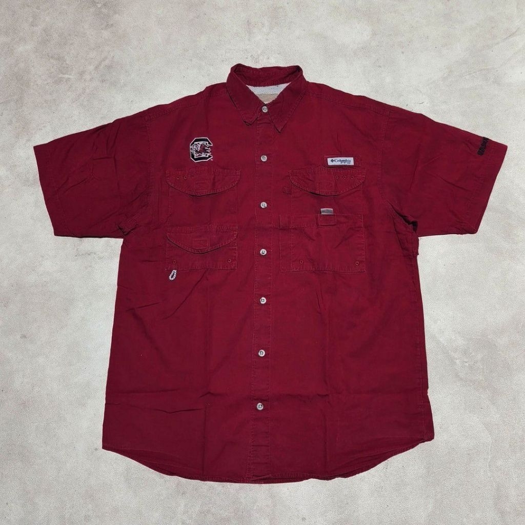 Kemeja tangan pendek pria Columbia pfg game rocks merah maroon