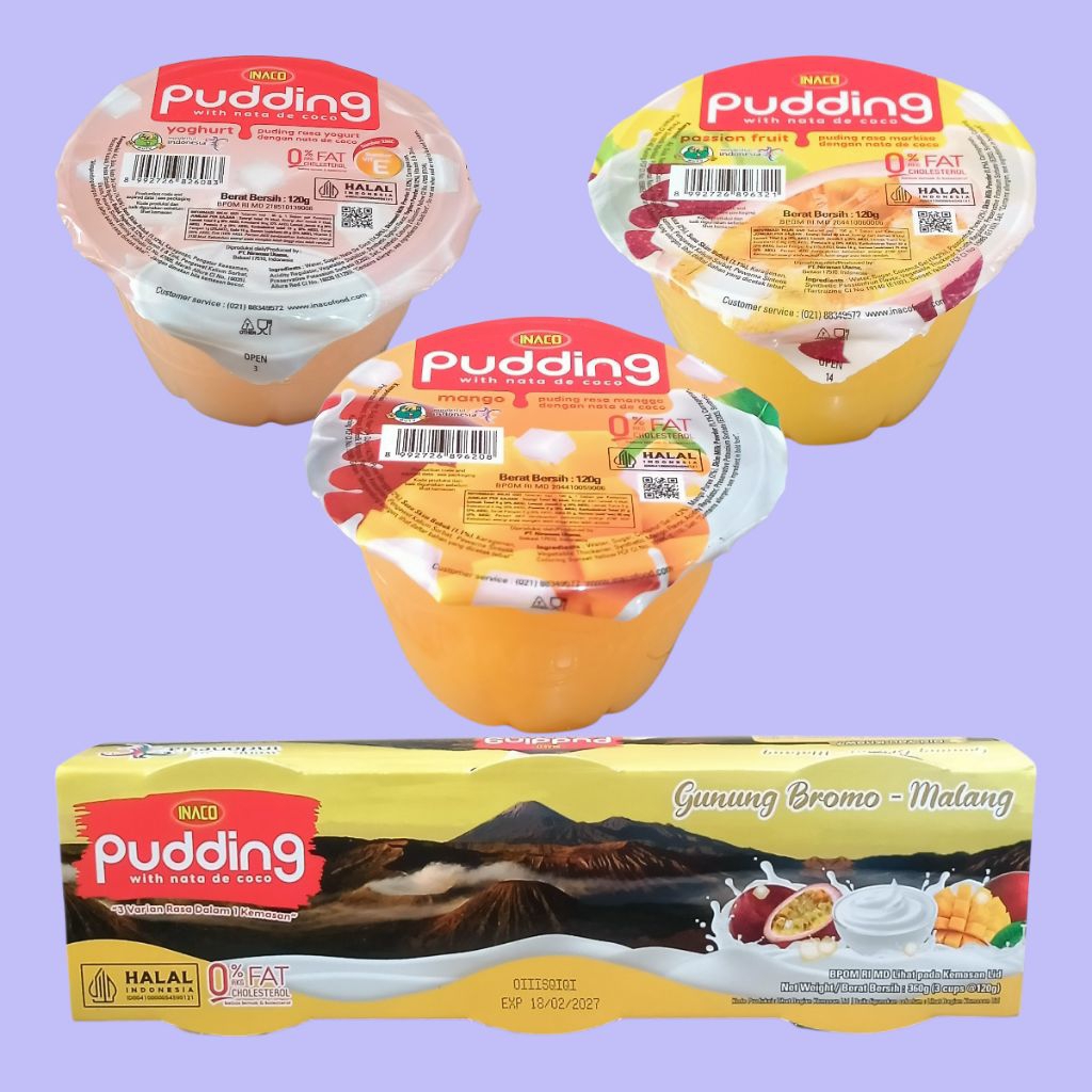 INACO PUDDING NUSANTARA 120gr With Nata De Coco  Mix Rasa Yogurt, Passion Fruit & Mango (3 cup/pack)