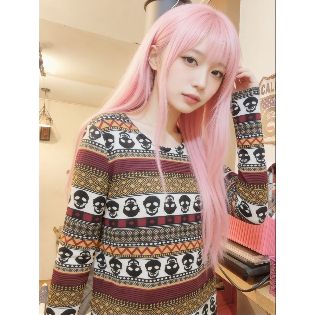 BAJU WANITA CEWEK LENGAN PANJANG KAOS MOTIF SKULL TENGKORAK ETNIC THAILAND LONG SLEEVE KOREA PREMIUM