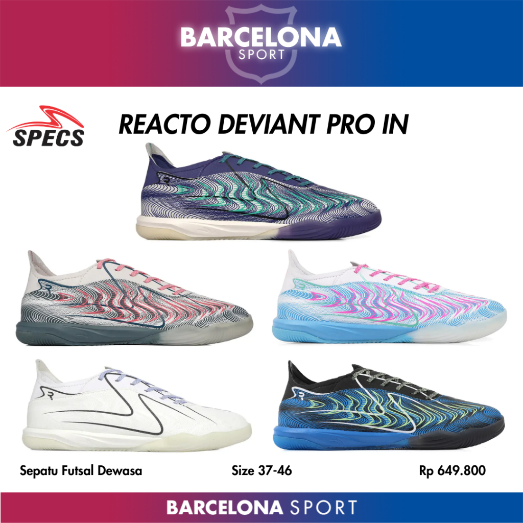 Specs Reacto Deviant Pro IN - Sepatu Futsal Keren Original Ori Kuat Bagus abu biru tua muda putih pi