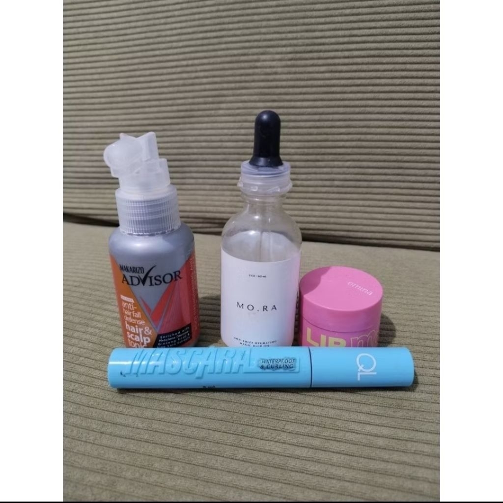 PRELOVED MORA HAIR OIL, MAKARIZO ADVISOR, MASCARA QL, EYELINER PINKFLASH