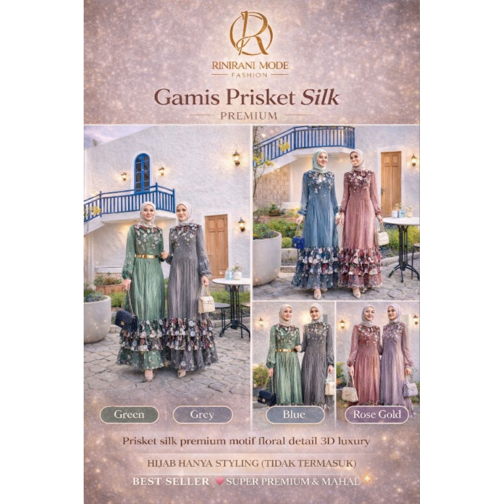 Gamis Prisket Silk Premium 2 susun Bungan | Gamis Sultan | Gamis Raya collection | Dress maxxi BKK B