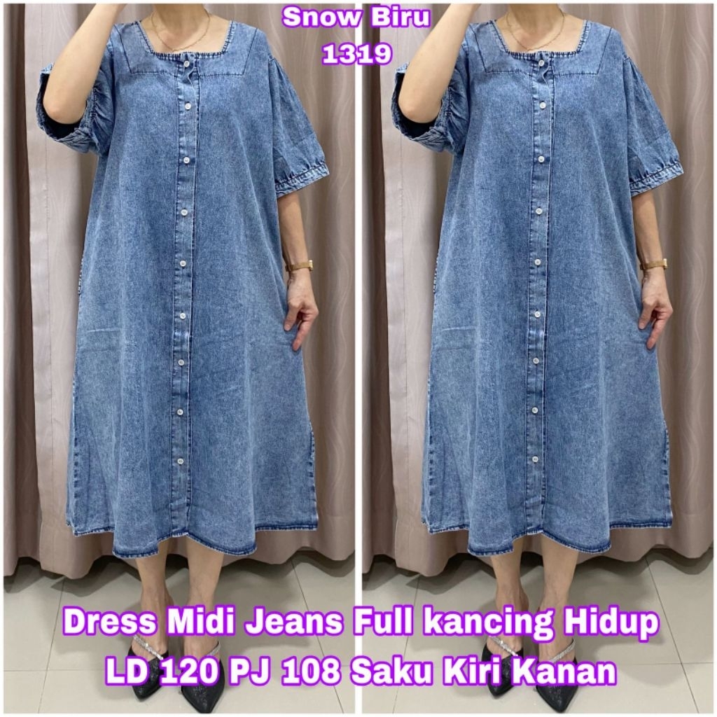 Dress Midi Jeans Snow Denim Full Kancing Hidup Kode 1319 LD 120 PJ 108 Saku Kiri Kanan untuk Wanita 