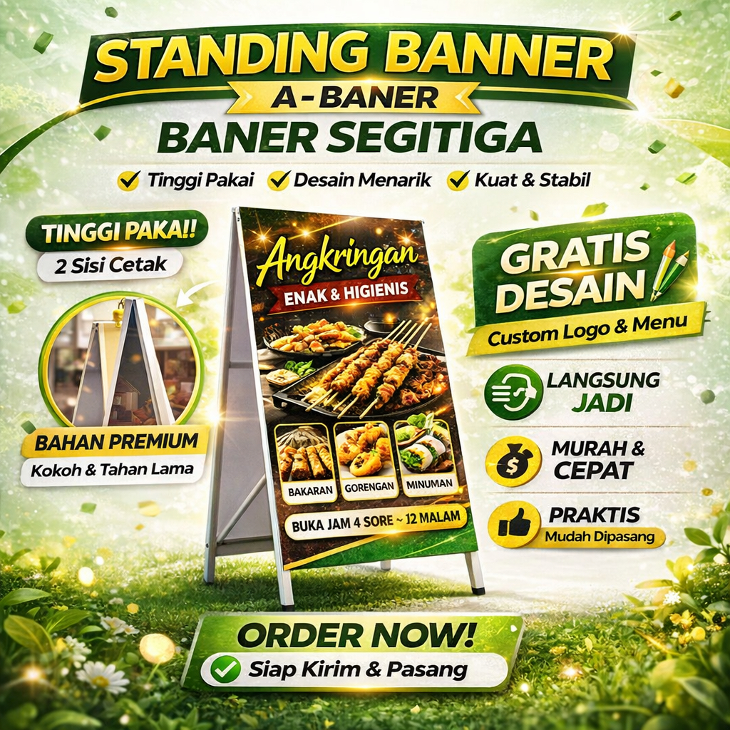 Standing Banner  60x110 cm | Gratis Desain dan Cetak | Banner segitiga promosi toko dimsum atm mini 