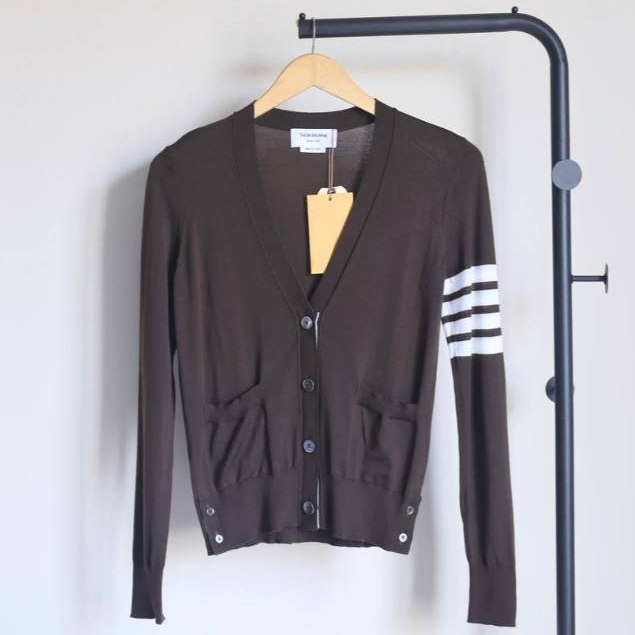Thom Browne 4 bar vneck wool cardigan in dark brown