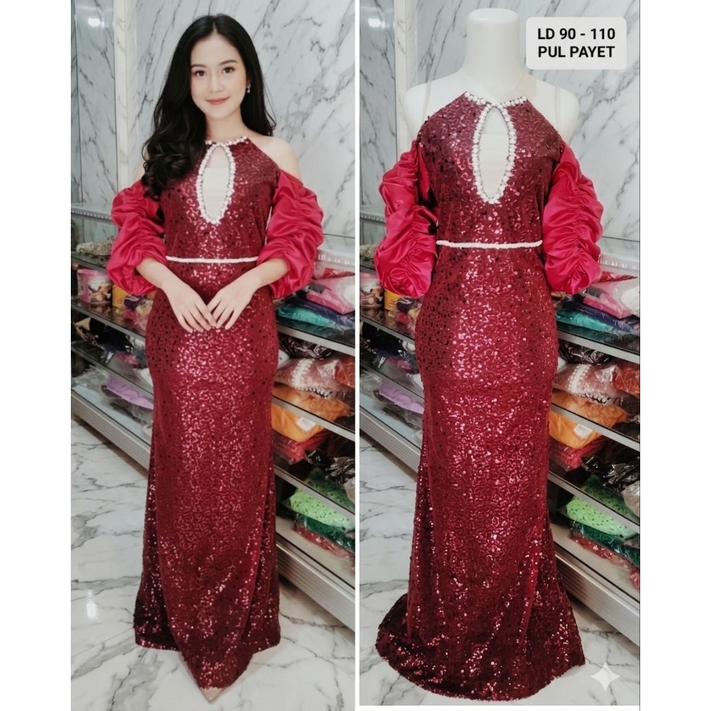 baju penyanyi dan pesta model tangan balon warna merah marun pul payet LD 90 - 110
