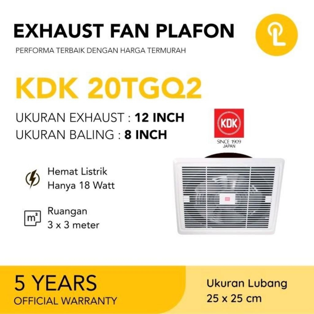 KDK Exhaust Fan Plafon 20TGQ2 12 Inch Hemat Listrik 18 Watt untuk Ruangan 3x3 Meter dengan Garansi R