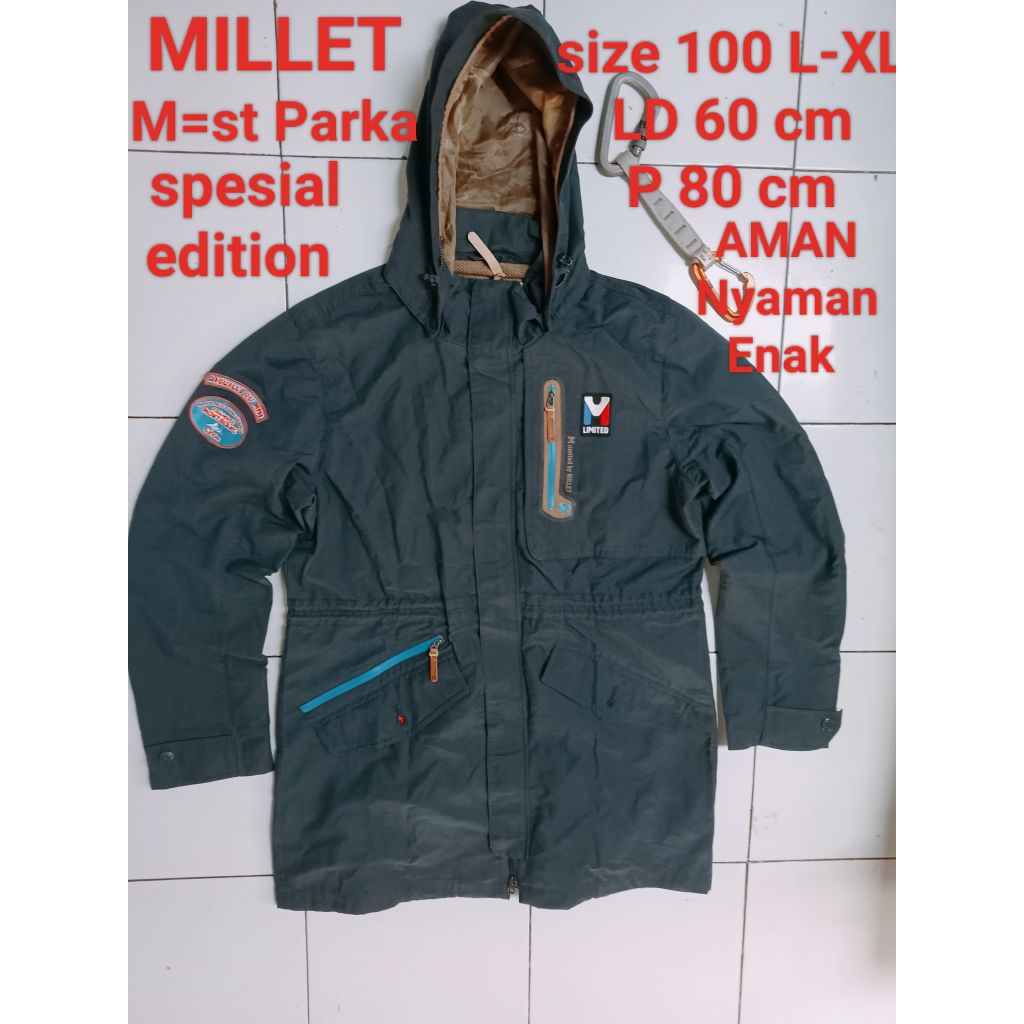 Jaket gunung Parasut MILLET M ST = PARKA  windbraker Hoodie Mantab Nyaman Enak Aman