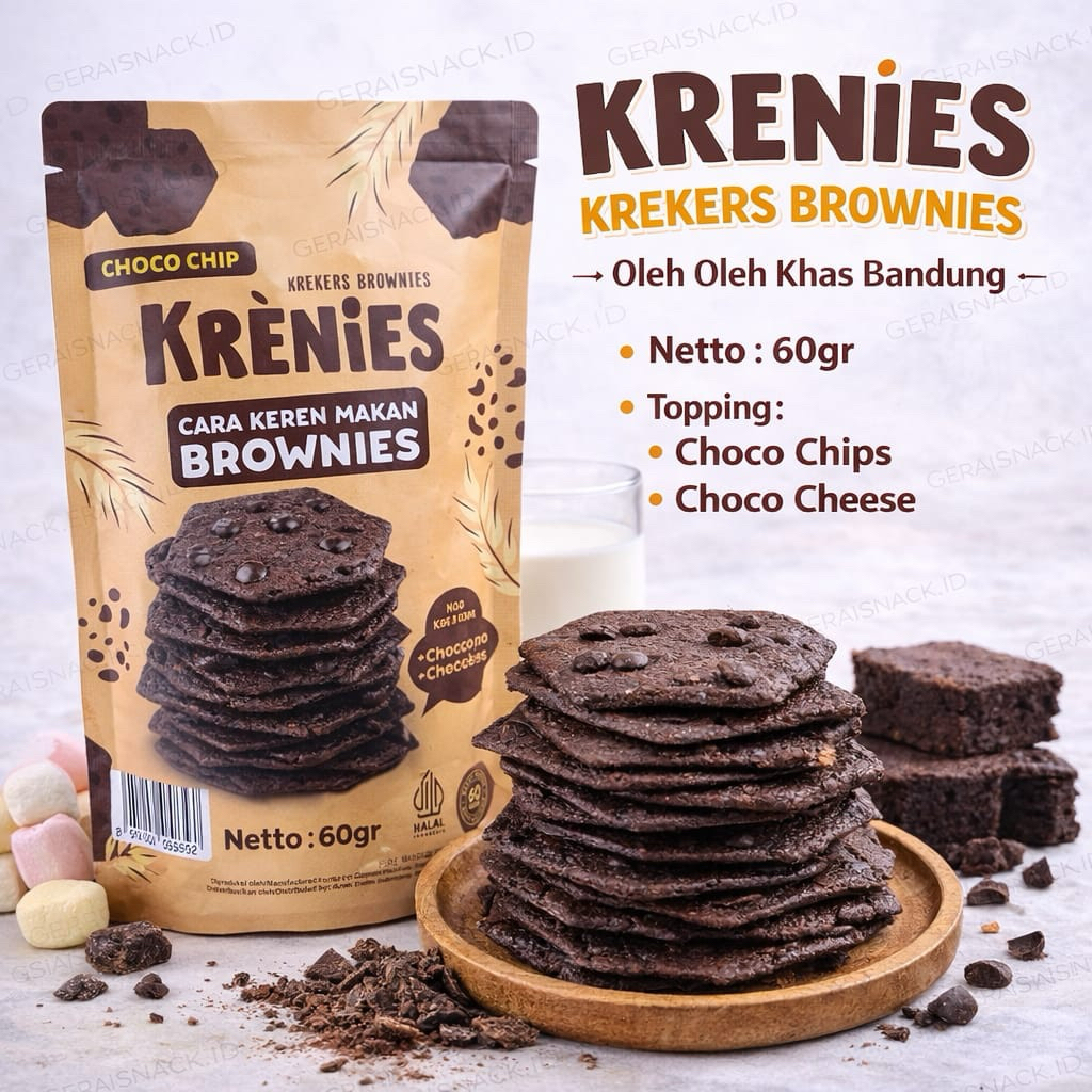 Krenies Brownies Kering Tipis Crunchy Cemilan Keluarga Khas Bandung 60g