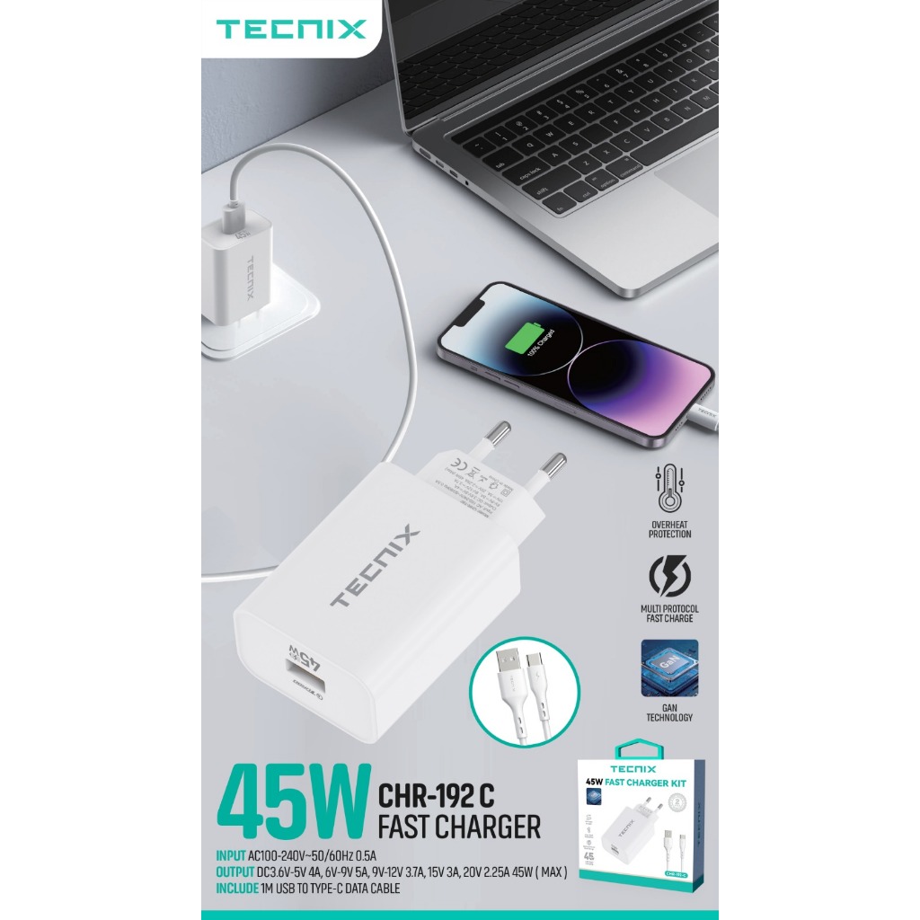 TECNIX CHR-192-C Kepala Charger Set Type C to C GaN 45W Adapter Charger PD 45w Kabel C to C Fast Cha