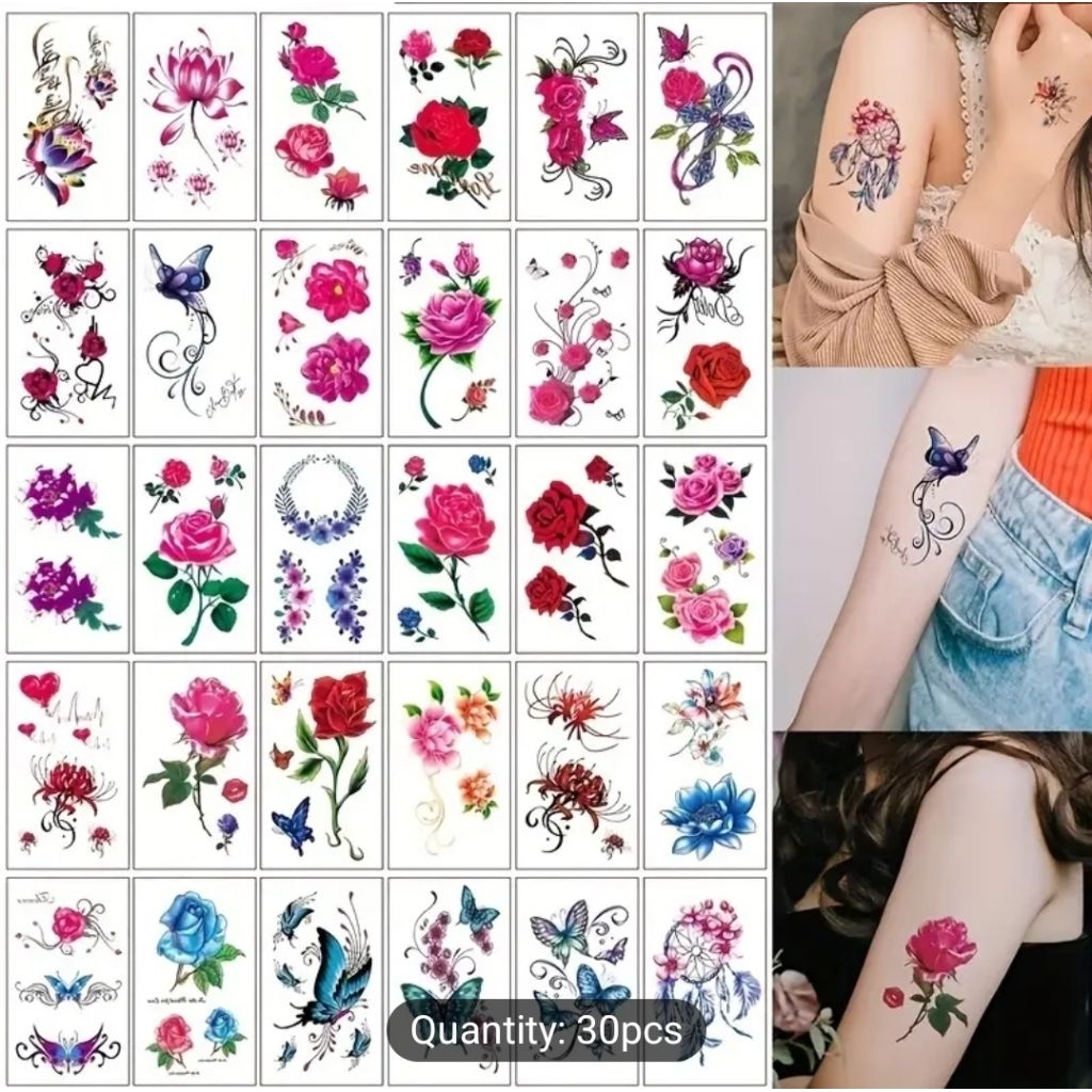 30 Lembar Stiker Tato Temporer E Bunga Mudah Digunakan - Tato Tempel Tubuh Tahan Air Sementara