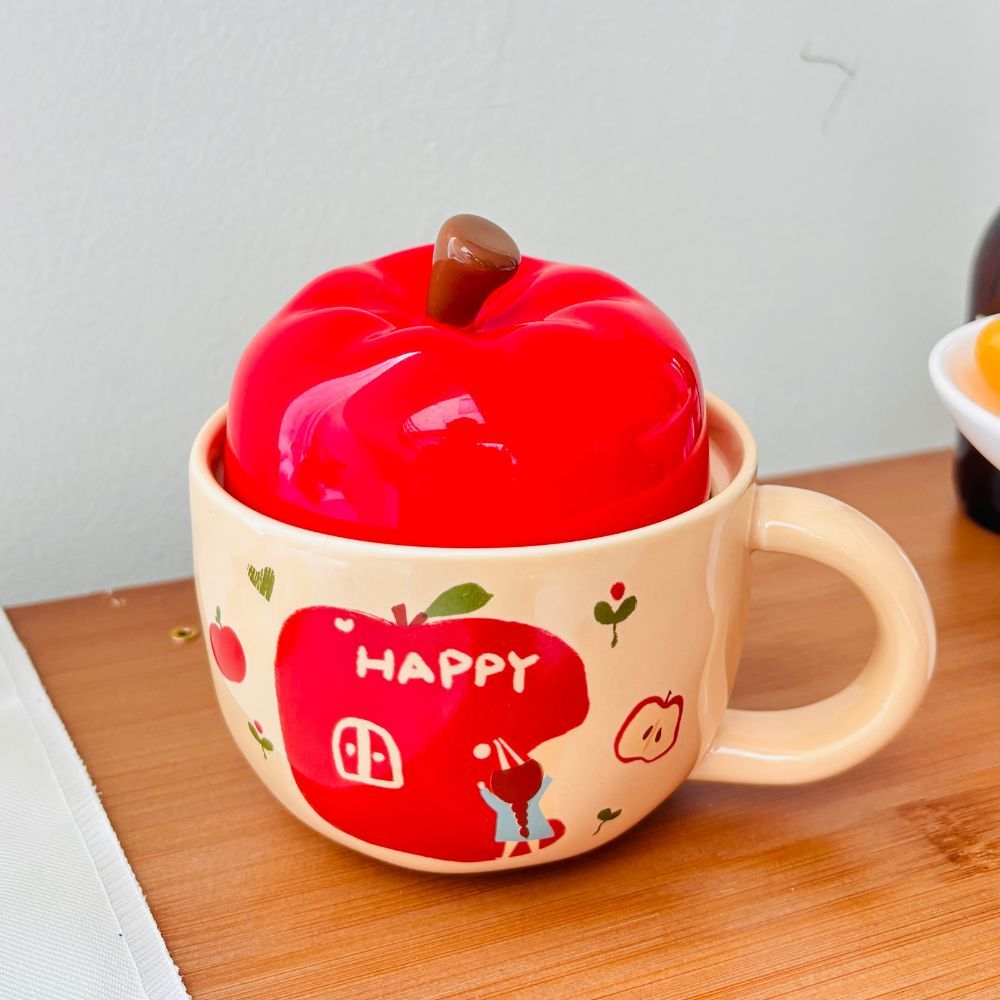 Mug Keramik Tutup Apel 400ml Aesthetic | Cangkir Kopi Teh Lucu Estetik Mug Kekinian