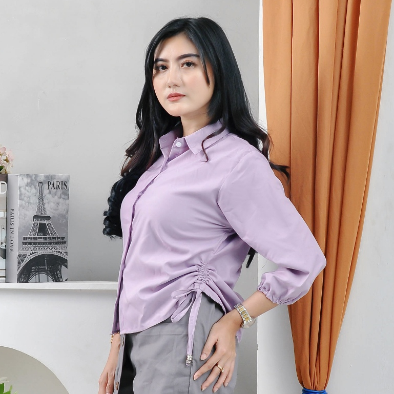 Kemeja wanita croptop Lengan panjang Model Crop Serut Samping - Kemeja kantor putih  Casual all size