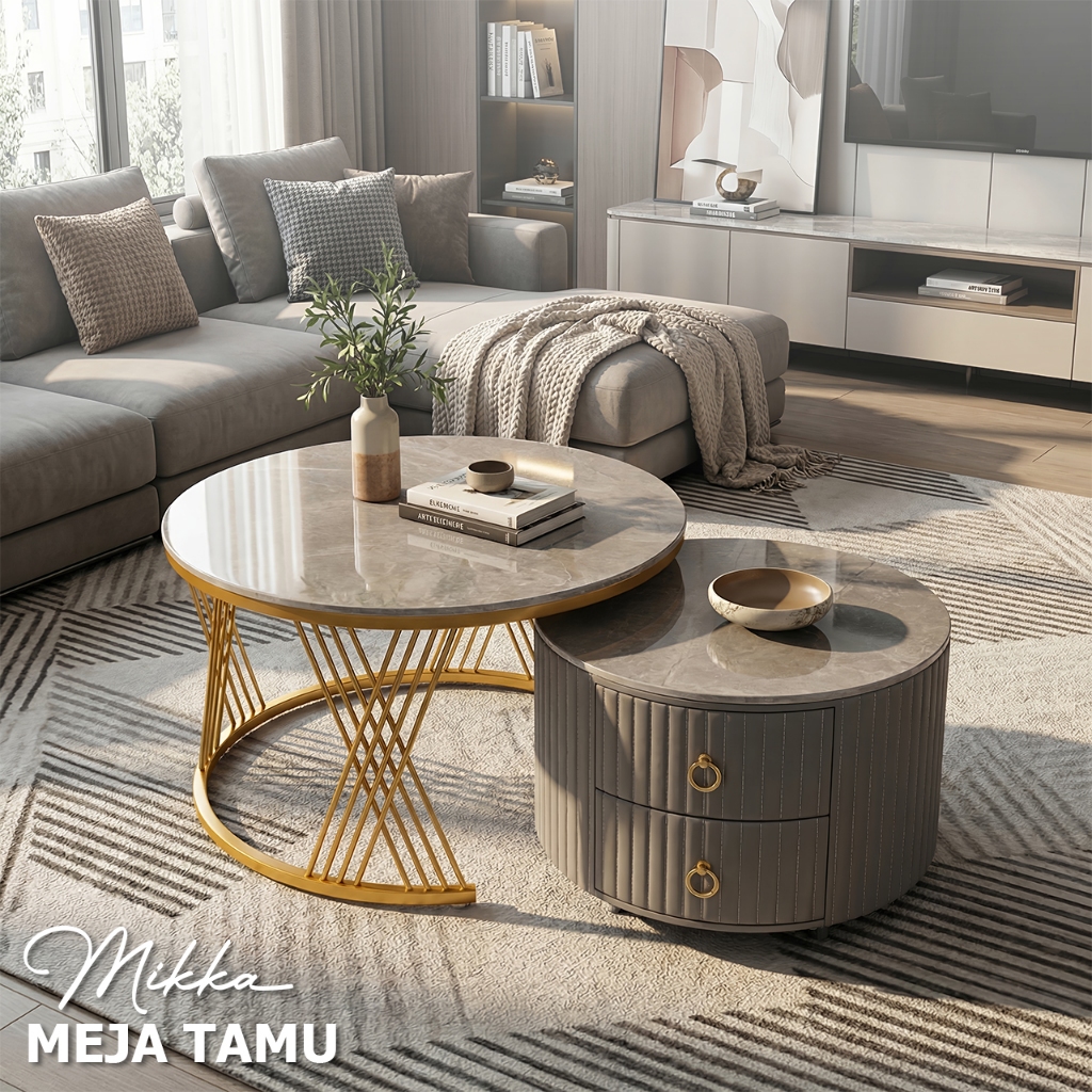 Meja Tamu MIKKA /  Meja Tamu Set 2 in 1 Marble Minimalis + Laci & Roda | Meja Sofa Modern Gold Frame