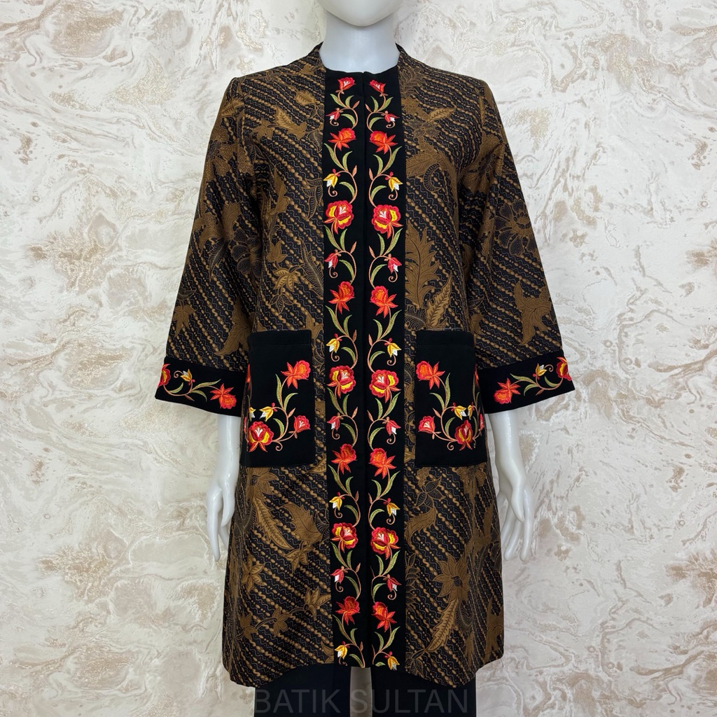Atasan Tunik Batik Wanita Kain Katun Bordiran Reguler Fit Lapisan Tricot Waffle Mewah Elegan Formal 