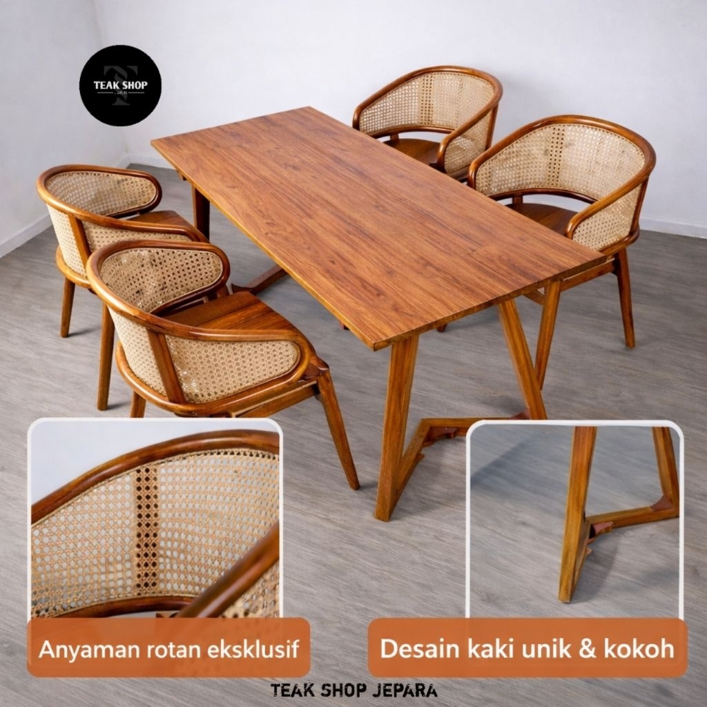 Meja Makan Jati 4 Kursi Minimalis Kayu Jati Asli Rotan Jepara Set Meja Kursi Makan