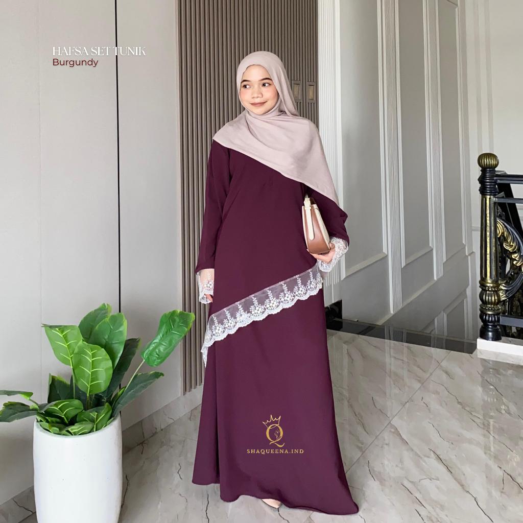 One Set Raya Setelan Rok Tunik Syar’i Hafsa Lebaran kurung Melayu Tulle Bordir Renda HAFSA