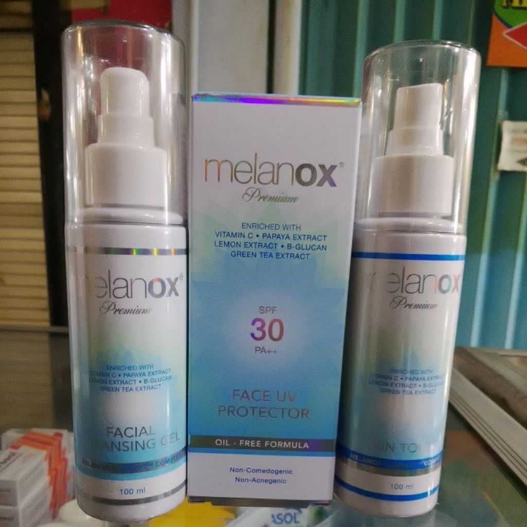 paket melanox face uv protector spf 30, melanox cleansing gel & melanox skin toner