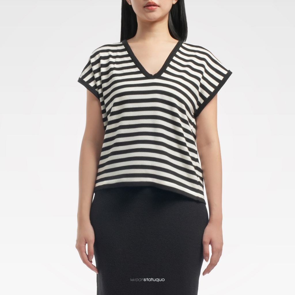 Wearstatuquo Daria Asymmetrical Neckline Top - Black Stripes