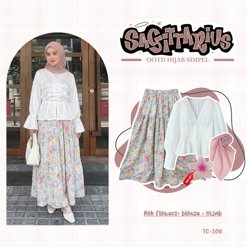 Ootd One Set Hijab Remaja Kekinian 3in1 OOTD / Blouse  + Rok floral + Hijab Segiempat / Outfit Hijab