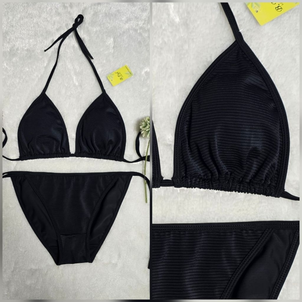 BIKINI BF005 BIKINI TALI SAMPING WARNA HITAM KAIN KNIT