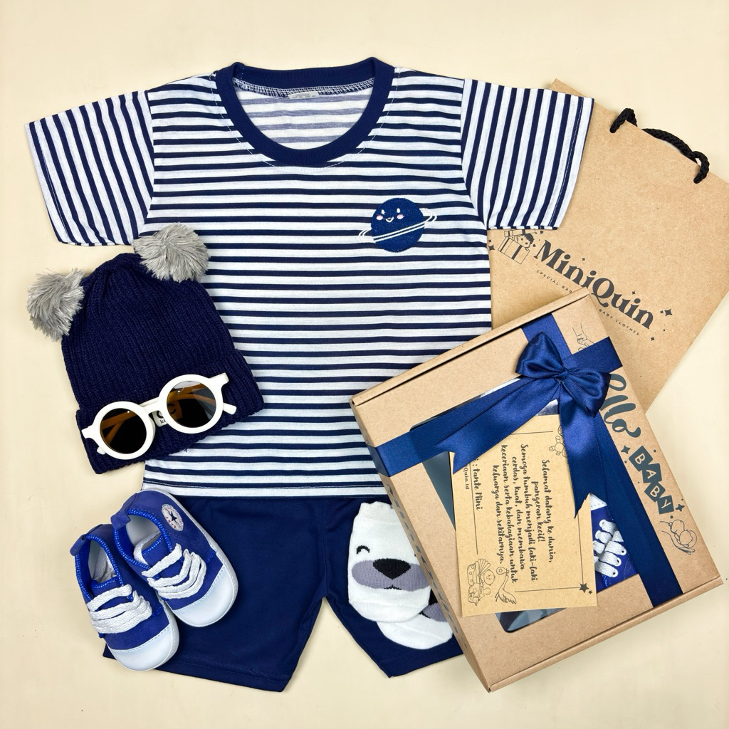 MINIQUIN Omar - Kado bayi laki-laki set atasan bawahan garis + sepatu + kacamata + topi - Free box +