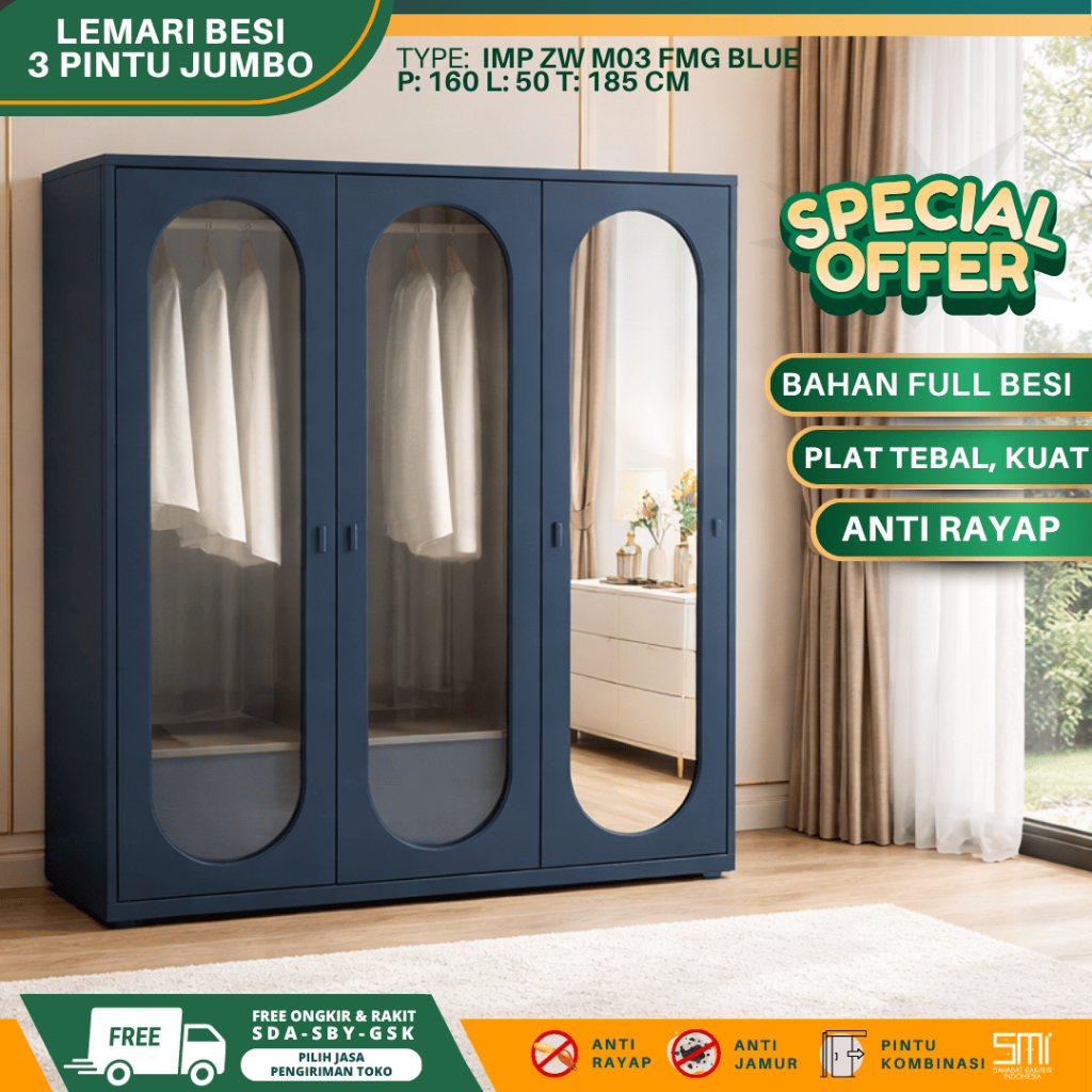 Lemari Besi 3 Pintu Jumbo - Lemari Baju Lemari Pakaian Sliding Lemari Besi Sliding 160cm Almari Baju