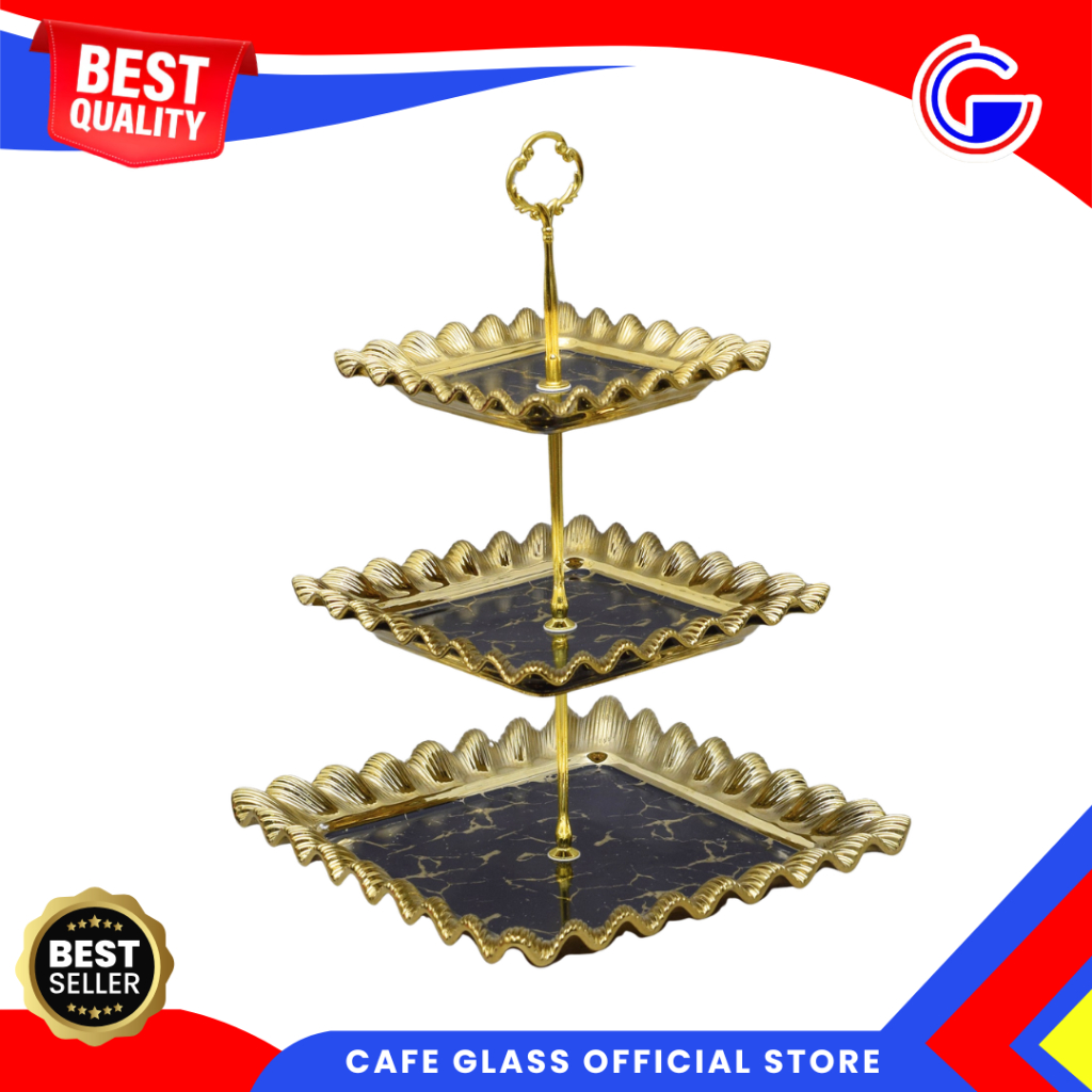 Rak Susun Kue Tingkat 3 -Tempat Sajian Aesthetic Marble Gold - Fiorenza Keramik 336 [peti]