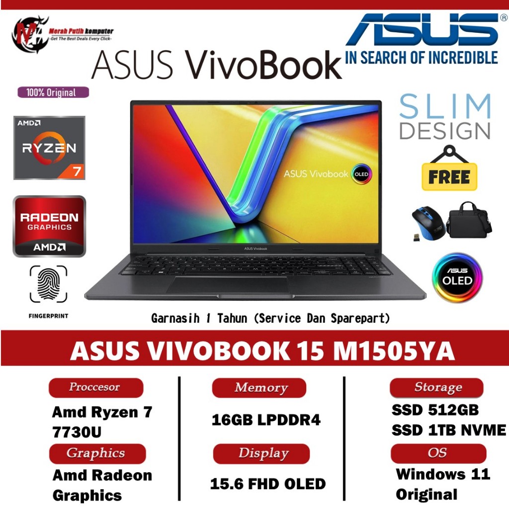 ASUS VIVOBOOK 15 M1505YA AMD RYZEN 7 7730U 16GB 512GB 15.6 FHD OLED FP  WIN11HOME GREY