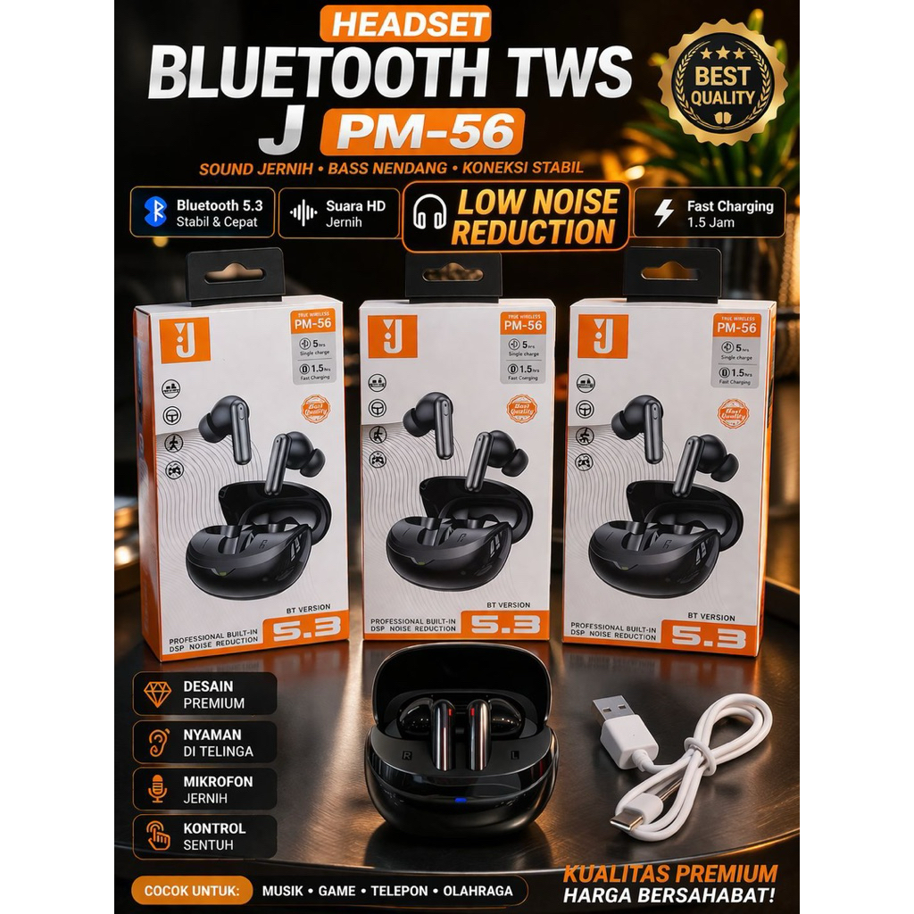 Handsfree Bluetooth 5.3 TWS J PM-56 Wireless Headset Earphone DSP Noice Reduction Mega Bass