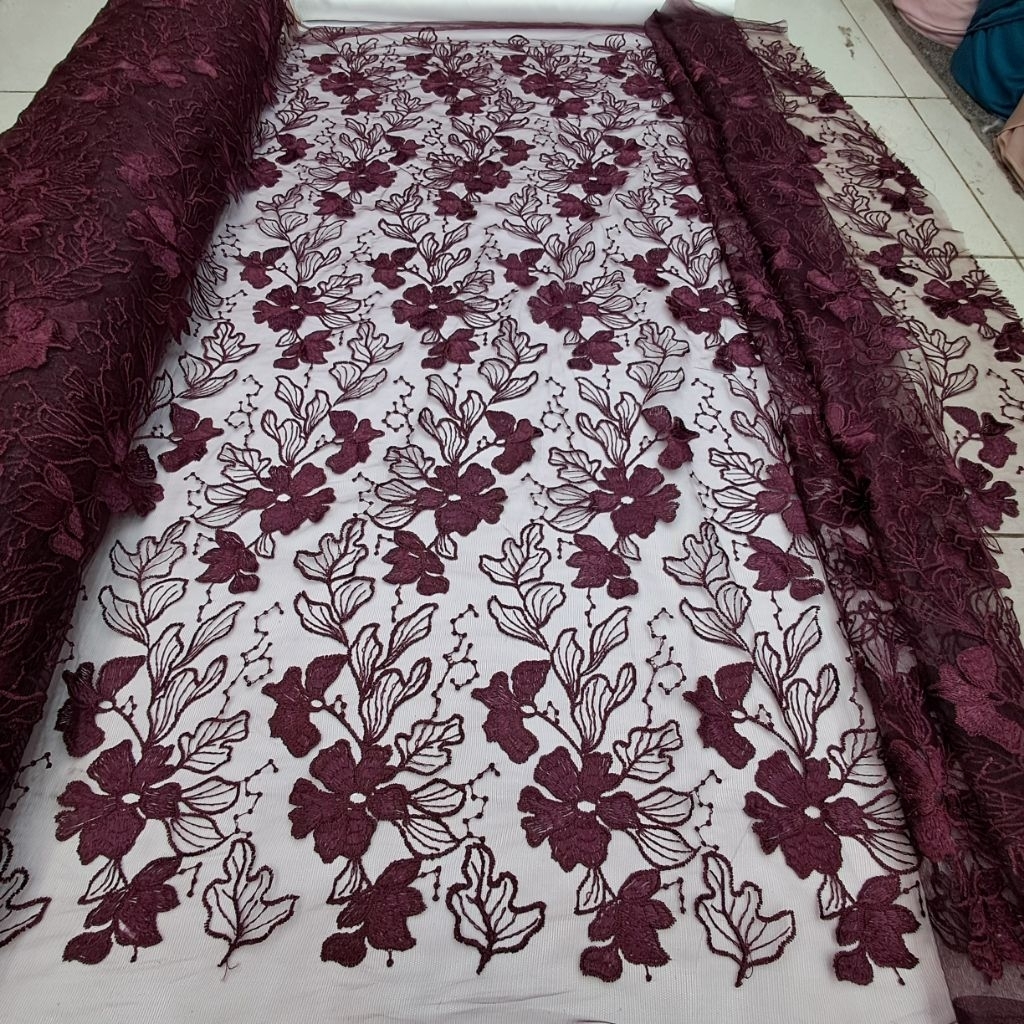Kain Tile Full Bordir Motif Flower Daun 3D Korea / Bahan Kain Tulle Bordir Tebal Untuk Bakal Kebaya