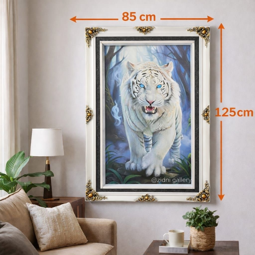 Lukisan Harimau Putih 85x125 cm Full Frame Emas – Hiasan Dinding Mewah Ruang Tamu