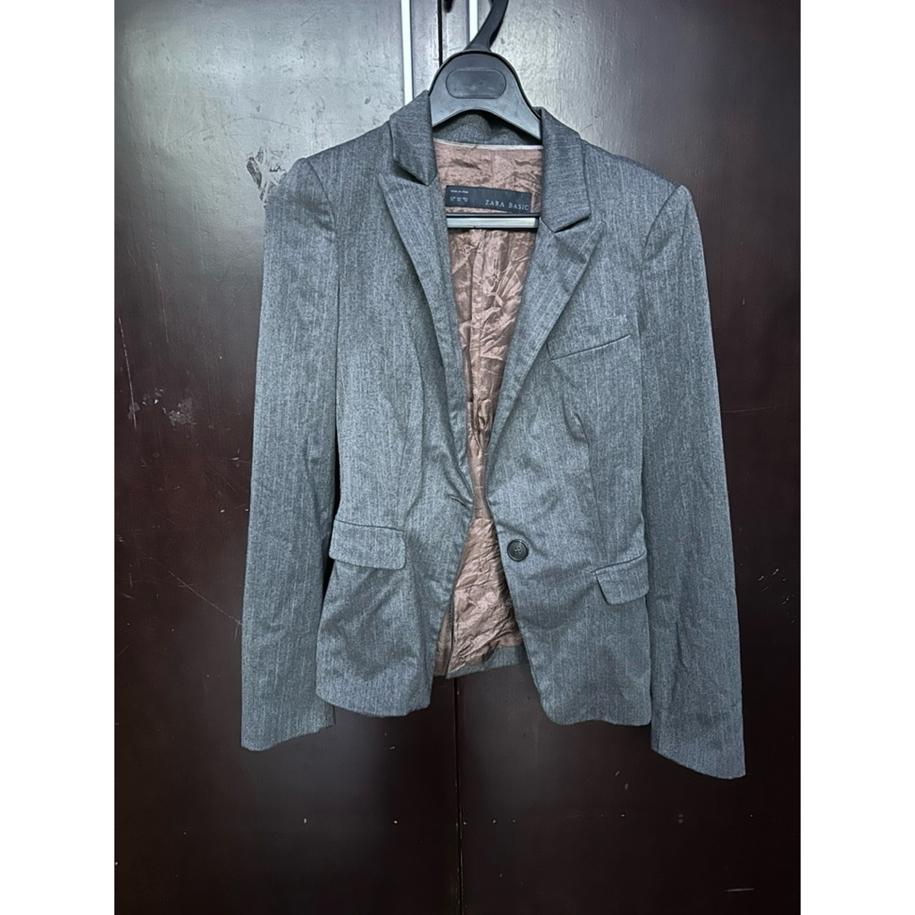 preloved zara basic stripes grey blazer - jas kerja wanita baju kerja