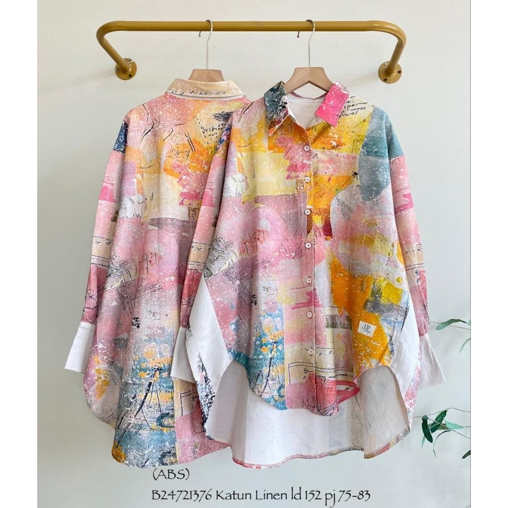 Blouse kemeja wanita katun linen motif oversize jumbo