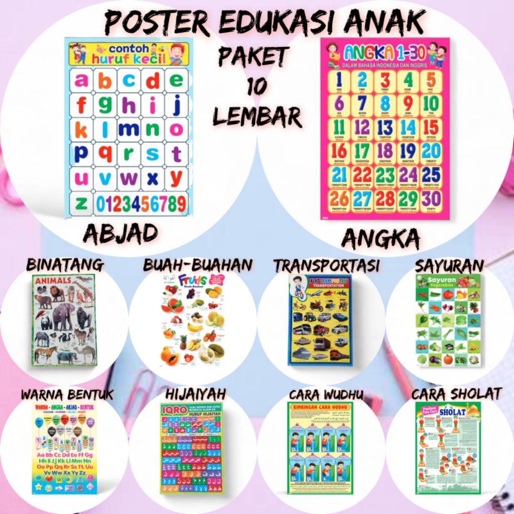 Paket poster edukasi anak 10 lembar ABCD, Angka, Buah-buahan, Sayur mayur