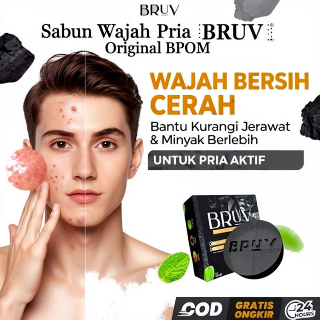 [ GARANSI ] Sabun BRUV - Sabun Wajah Pria atasi Jerawat Muka Berminyak Kusam Mencerahkan dan Members