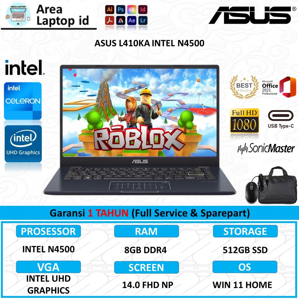 Laptop Baru Asus Vivobook L410KA Intel N4500 Ram 8GB 64GB+512GB SSD Fhd Numpad Windows 11 Original