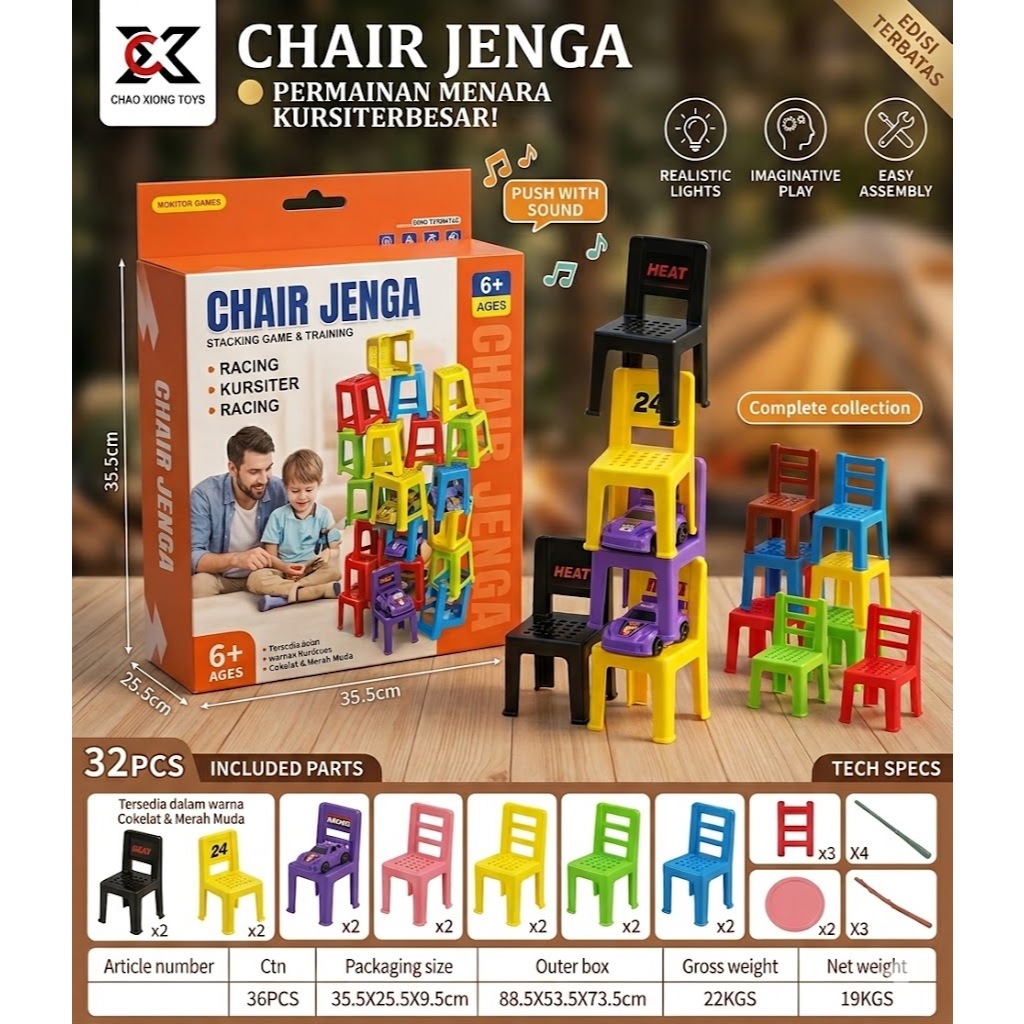 Mainan Edukasi Ketangkasan Susun Kursi Jenga / Mainan Jenga Susun Kursi / Mainan Chair Jenga 32 Pcs