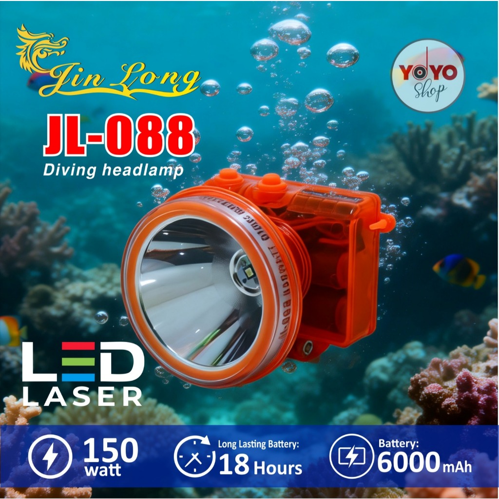 Senter Kepala Selam Jinlong JL 088 Daya 150 Watt Baterai 6000 Mah Durasi 18 Jam dan Kedalaman 30 Met