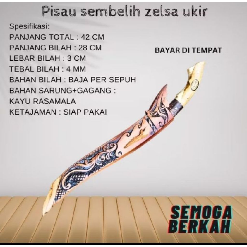 Pisau sembelih zelsa ukir kayu rasamala