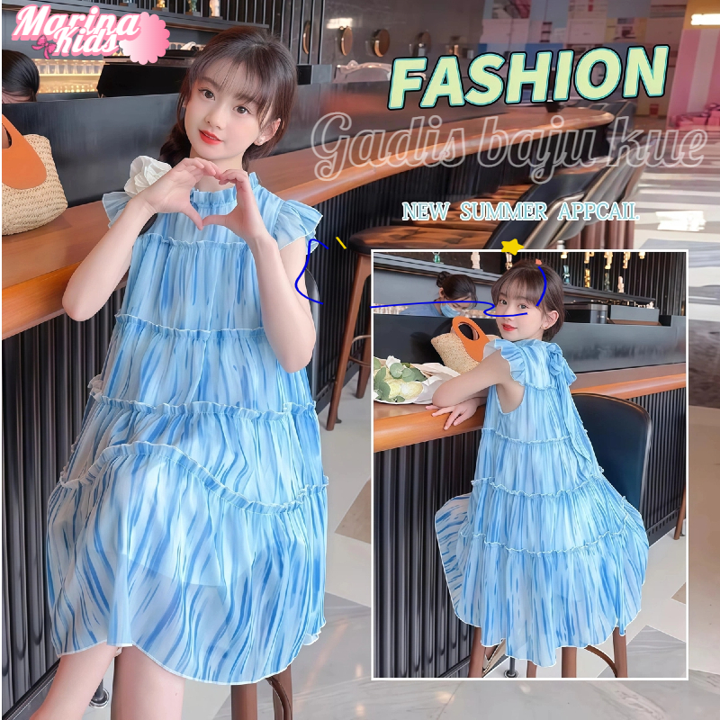 Marina dress anak perempuan dress anak perempuan terbaru 2026  Gadis Biru Putih Cake Gaun Gadis baju