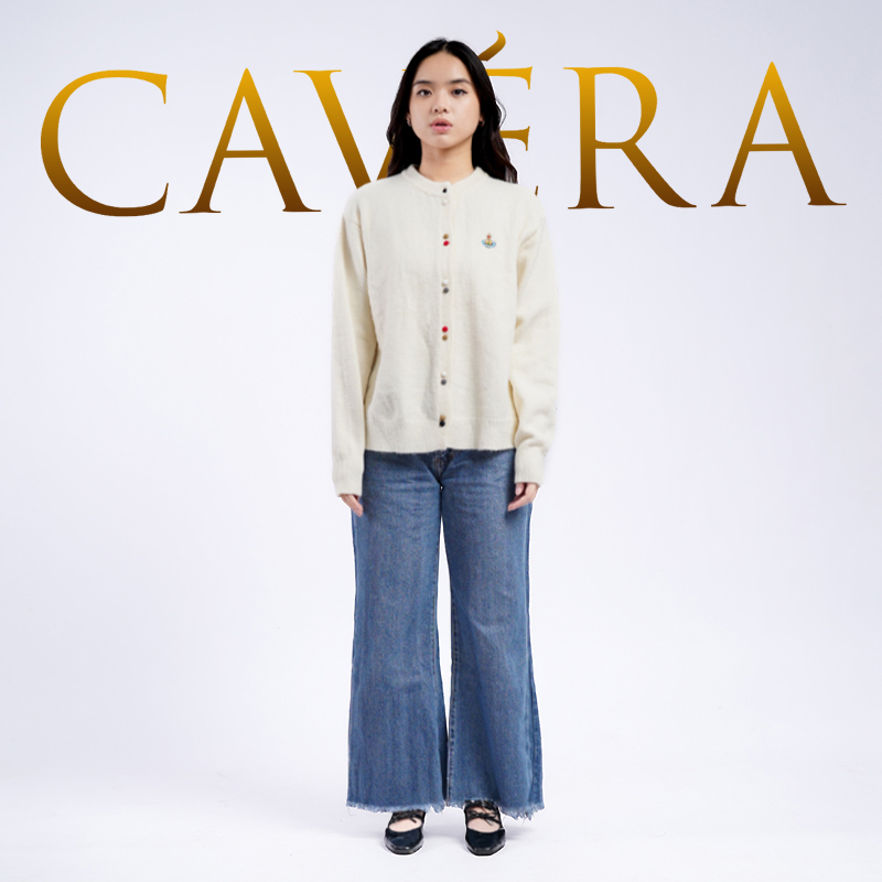 Sweater Rajut Wanita Korea Outer Knit Premium Cavera - Motif Kancing Unik Cream Lengan Panjang Elega