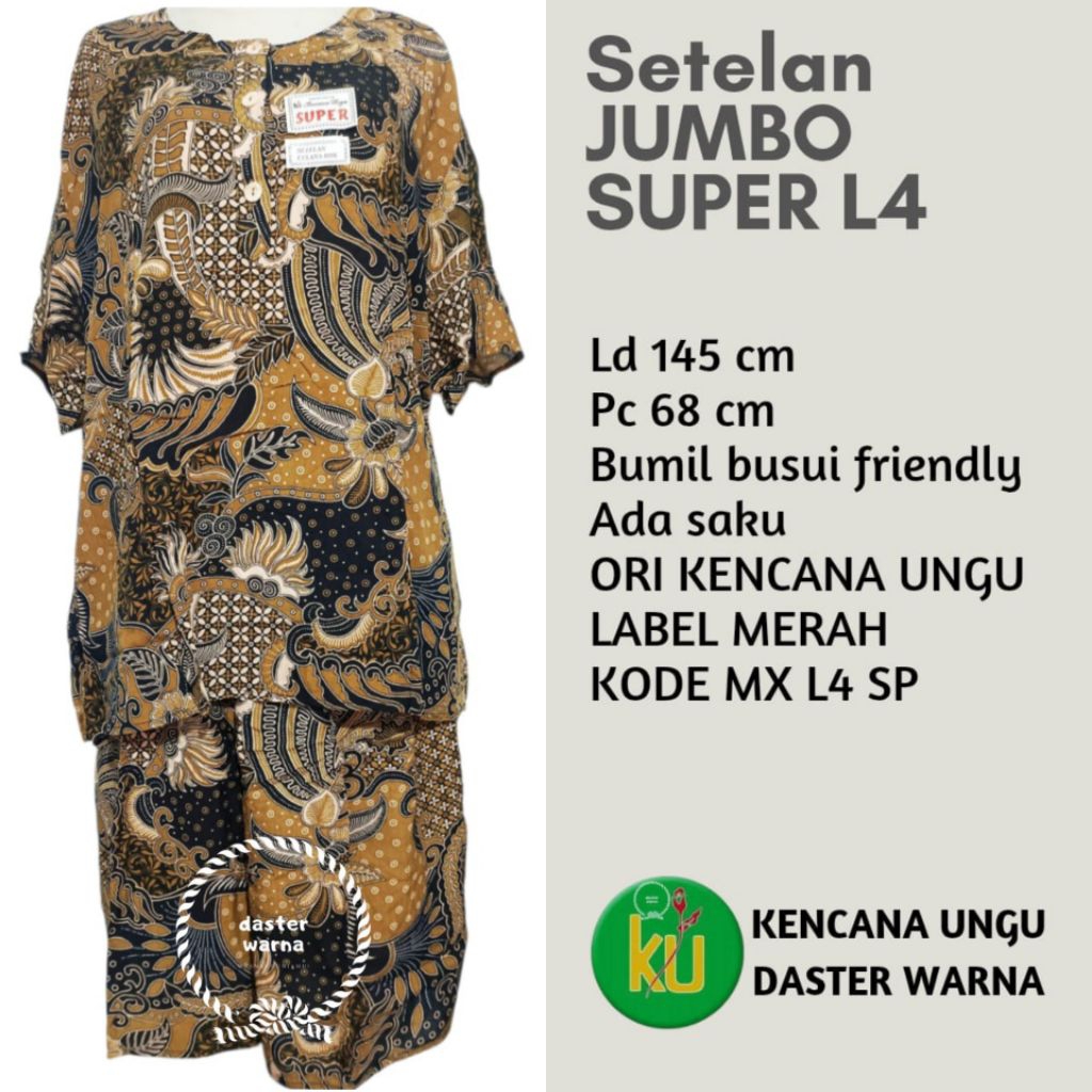 Babydoll Setelan Batik Super Jumbo L4 Kencana Ungu Label Merah Kancing Depan