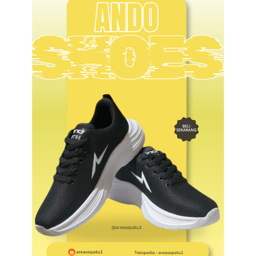 ANDO Sepatu Sekolah Hitam Putih - Hitam Polos dan Motif Petir | Sepatu ANDO tali wanita dan pria