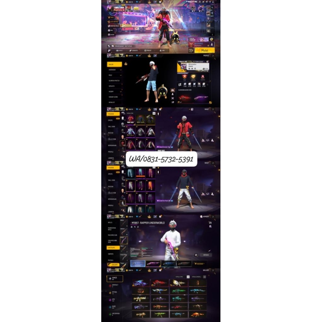 AKUN FF SULTAN-LEVEL TINGGI, SKIN LENGKAP READY AKUN FF MURAH-BAGUS FULL SKIN