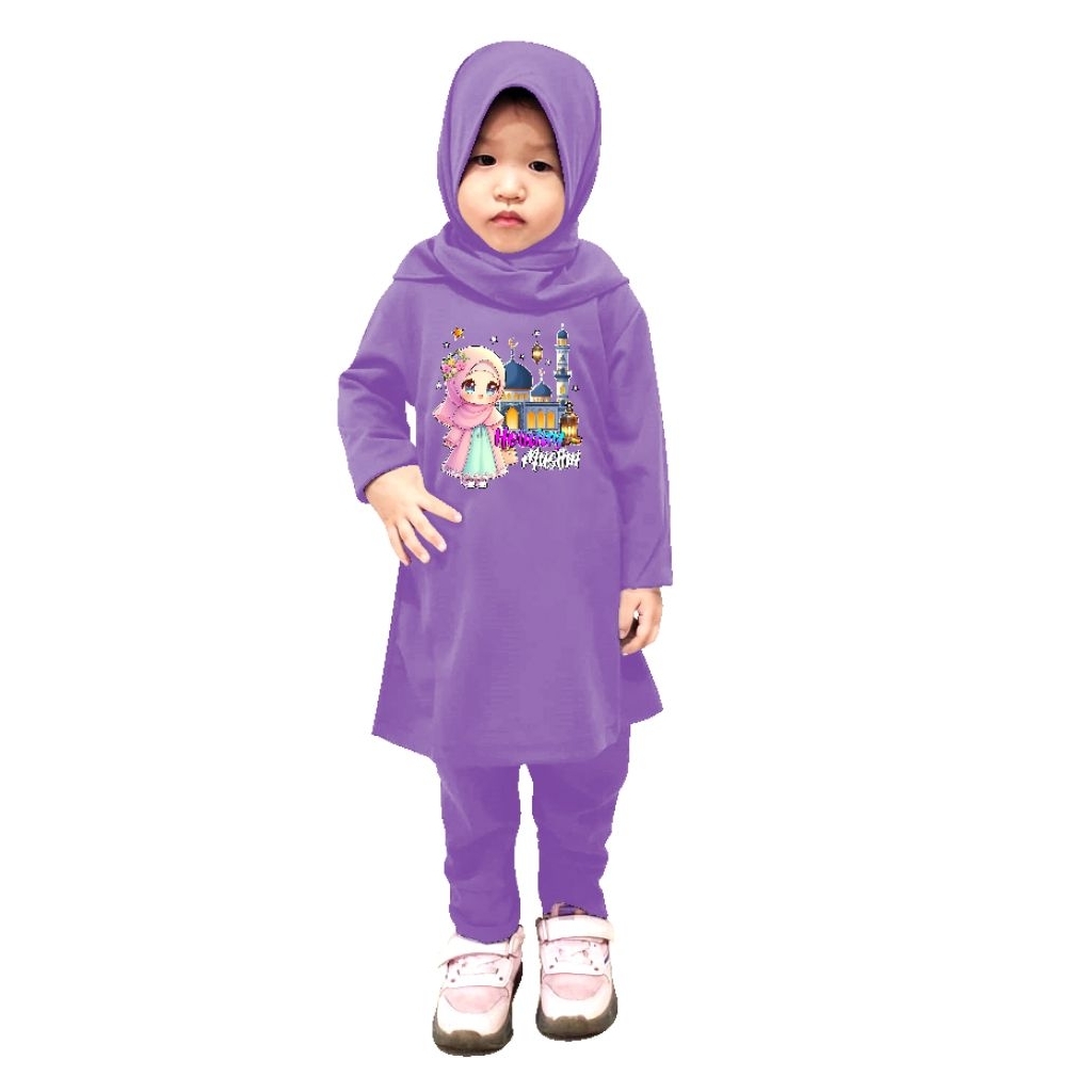 setelan Tunik anak motif gambar cewek berjilbab/usia 3-12 tahun Free kerudung