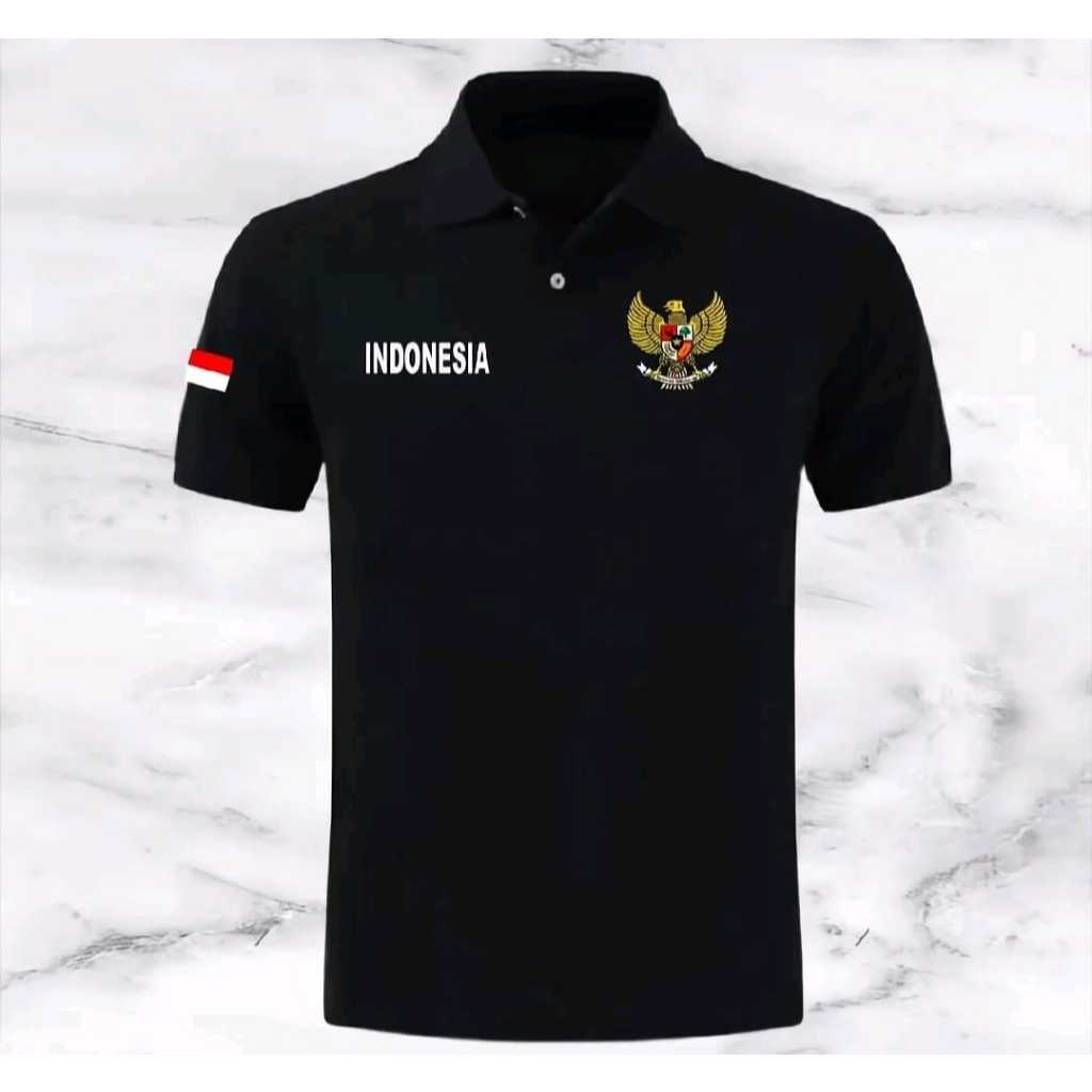 Kaos Kerah Polos Lengan Pendek Logo Garuda + Tulisan Indonesia + Bendera Tangan / COD