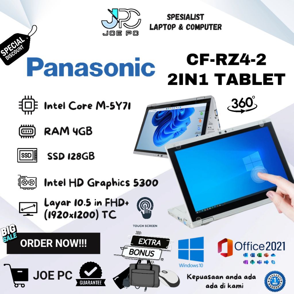 Laptop Tablet 2in1 Panasonic CF-RZ4 RAM 4GB SSD 128GB Layar Display 10inch FULL HD IPS Panel Antigla